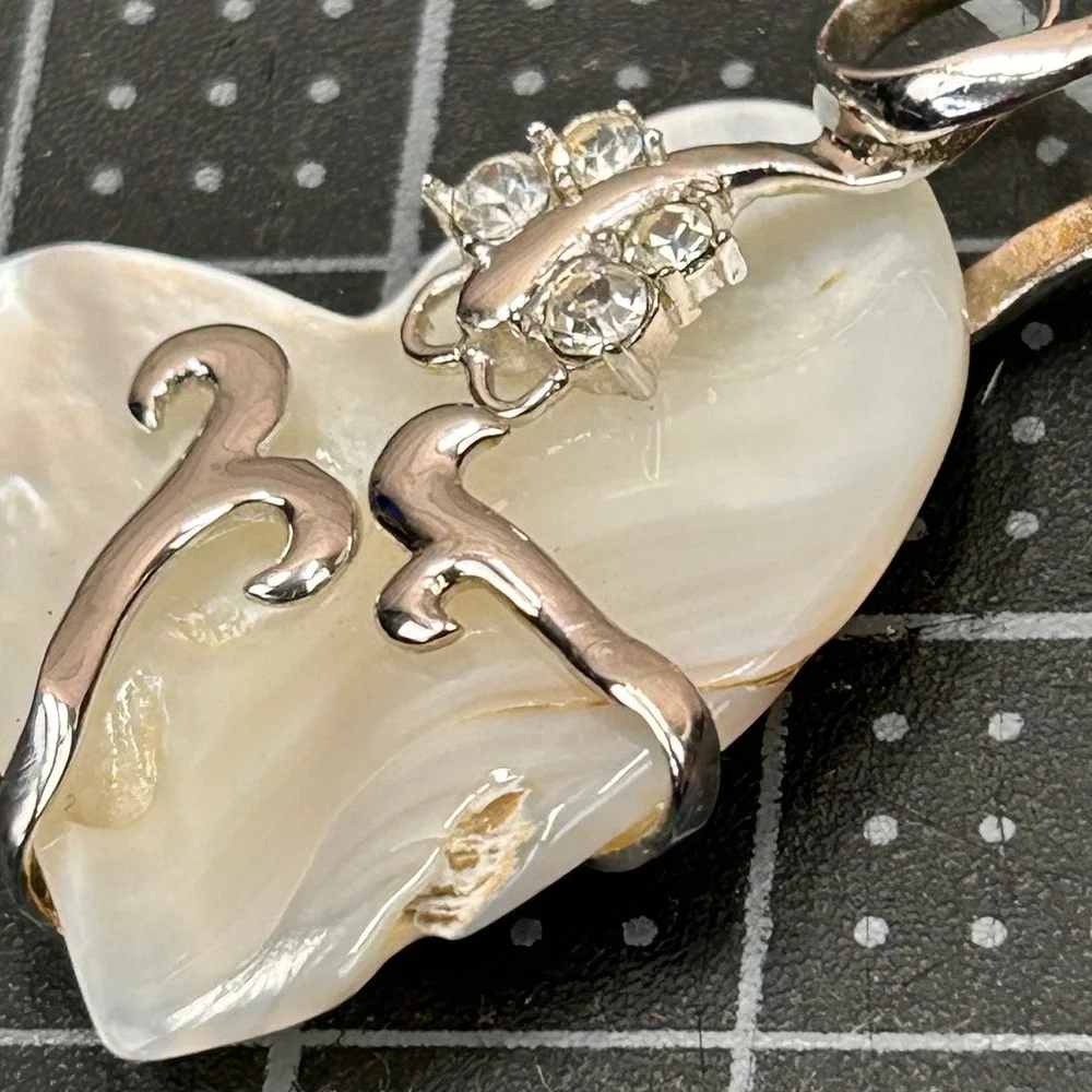 Vintage Sterling Silver 925 Overlay Mother of Pearl Heart Pendant CZ‎ Accent
